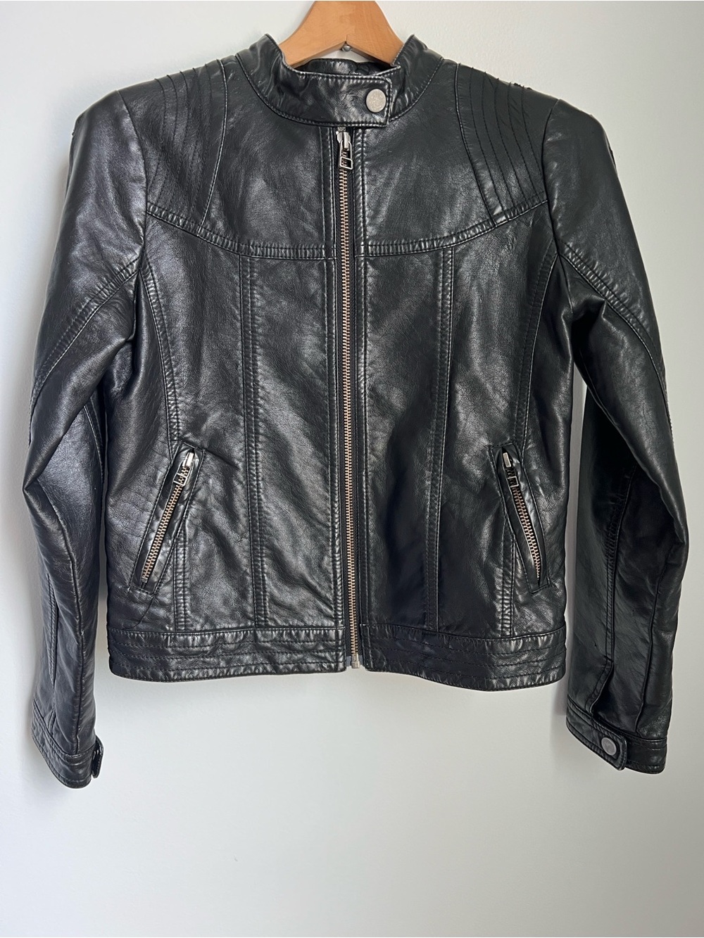 77kids by American Eagle | Black Faux Leather Moto Jacket Silver Zippers Size 12